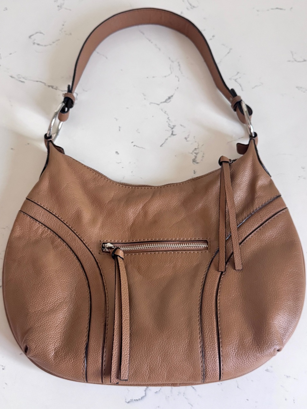 Tahari Tan Pebbled Genuine Leather Hobo Bohemian Shoulder Bag Silver Accents EUC - Picture 6 of 15